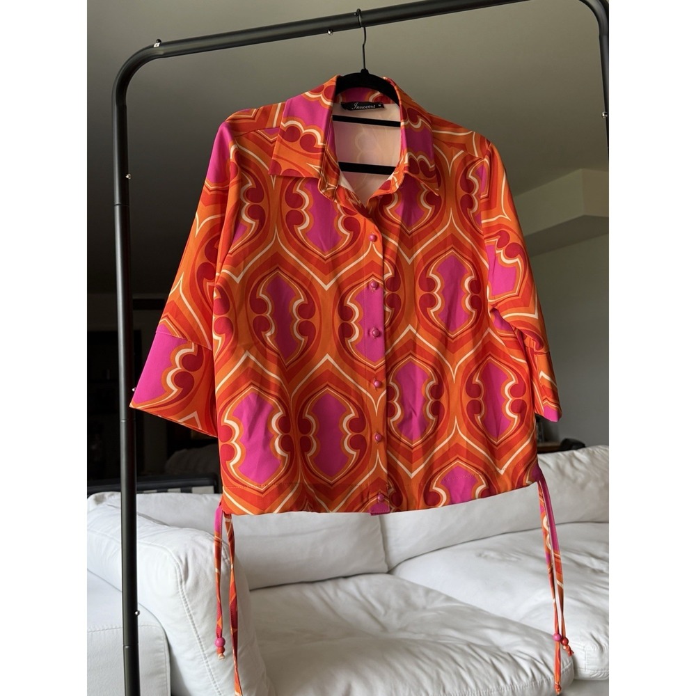70s Innocent Orange/Pink Geometric Collared Button-Up Top 3/4 Sleeve Women's M
